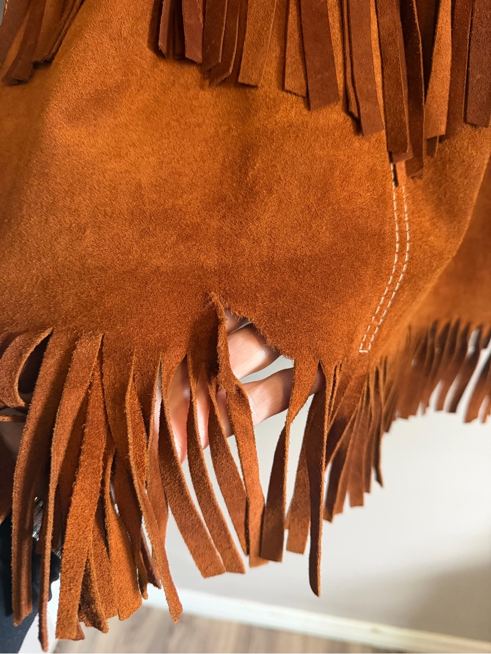 Vintage 70s Suede Leather Fringe Vest Mini Skirt Set Rust Brown XS S - Picture 13 of 13